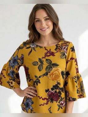 Jules & Leopold Mustard Floral Bell-Sleeve Top